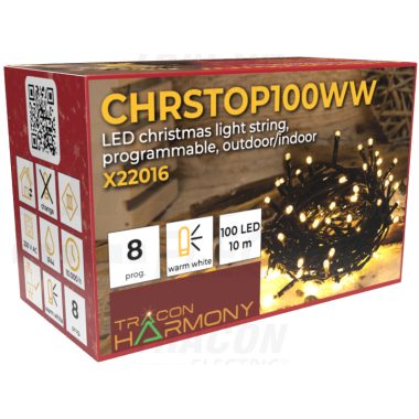 Tracon CHRSTOP200WW Karácsonyi programozható fényfüzér, kültéri/beltéri 230VAC, 5+20M, 200LED, 6W, 2600-2700K, IP44