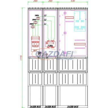 CSATÁRI PLAST PVT K-L 250T-NY, Áramváltós mérőhely, nyitható szerelőlappal, 1060x250mm