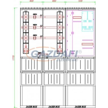 CSATÁRI PLAST PVT K-L 400S-NY, Áramváltós mérőhely, nyitható szerelőlappal, 1330x320mm