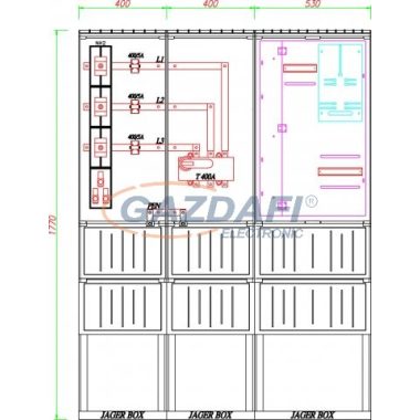 CSATÁRI PLAST PVT K-L 400T-NY, Áramváltós mérőhely, nyitható szerelőlappal, 1330x320mm