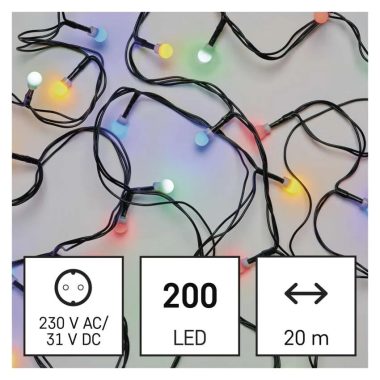 EMOS D5AM03 LED karácsonyi fényfüzér, cseresznye – golyók, 20 m, kültéri és beltéri, többszínű, időzítő, 6 W, 230 V AC, IP44