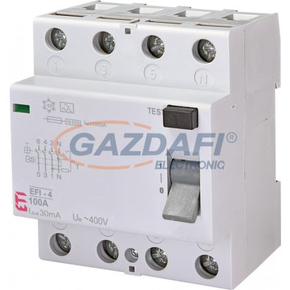   ETI 002062150 EFI-4A 100A 30mA áram-védőkapcsoló, 4p, váltóáramú és pulzáló hibaáramot érzékelő, azonali kioldású