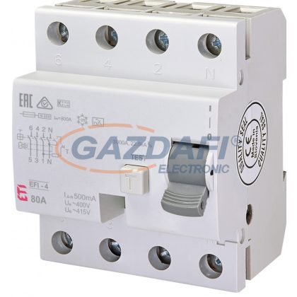   ETI 002065545 EFI-4A 80A 500mA áram-védőkapcsoló, 4p, váltóáramú és pulzáló hibaáramot érzékelő, azonali kioldású