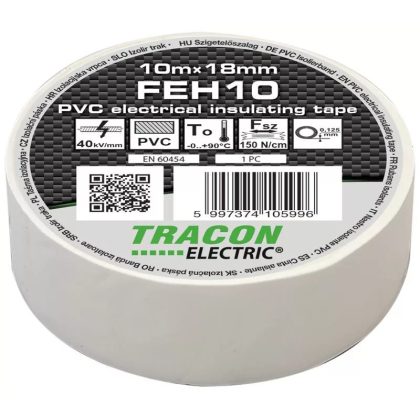   TRACON FEH10 Szigetelőszalag, fehér 10m×18mm, PVC, 0-90°C, 40kV/mm, 10 db/csomag