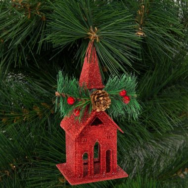 Family Christmas 58677A Karácsonyi glitteres templom akasztóval - 16 x 6,5 cm - piros