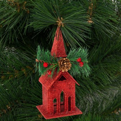   Family Christmas 58677A Karácsonyi glitteres templom akasztóval - 16 x 6,5 cm - piros