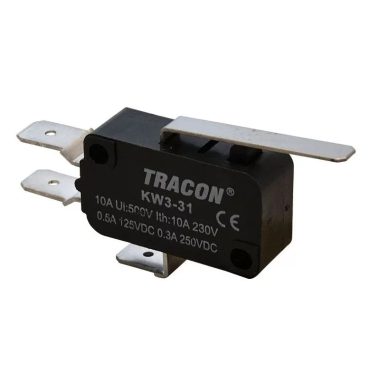 TRACON KW3-31 Helyzetkapcsoló, mikro, rugószáras 1×CO 10(3)A/230V, 28mm, 6,3x0,8 mm, IP00