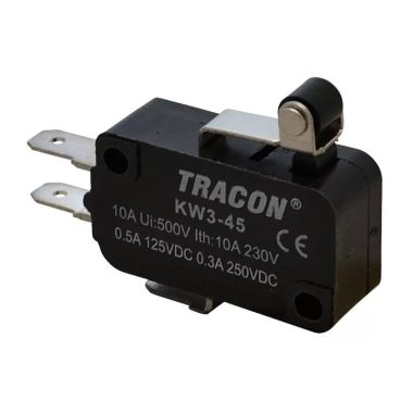 TRACON KW3-45 Helyzetkapcsoló, mikro, karos-görgős 1×CO 10(3)A/230V, 15mm, 4,8x0,8 mm, IP00