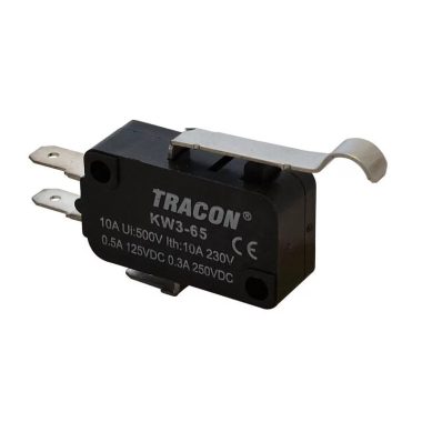 TRACON KW3-65 Helyzetkapcsoló, mikro, íves-rugószár 1×CO 10(3)A/230V, 28mm, 4,8x0,8 mm, IP00