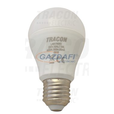 TRACON LA607NWO Gömb búrájú LED fényforrás 230 V, 50 Hz, E27, 7,5 W, 650 lm, 250°, 4000 K, EEI=A+