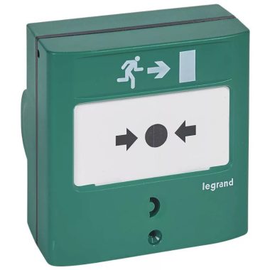 LEGRAND 138023 Kézi jelzésadó vészkijárathoz, zöld RAL 6016, 1 váltóérintkezővel - 5A - 24V=, IP30 - IK07