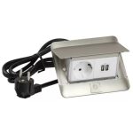   LEGRAND 654009 Pop-up equipped openable recessed box 4 modules, 1x2P+F, 2xUSB (2.4A), 2 m cable with 2P+F plug, stainless steel