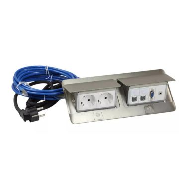 LEGRAND 654013 Pop-up equipped opening flush-mounted box 8 modules, 1x2P+F, 2xRJ45 Cat.6 UTP, 1xHD15, 2 m cable with 2P+F plug, 3 m RJ 45 cable, 0.1 m VGA cable, 0.1 m jack 3.5 mm, stainless steel