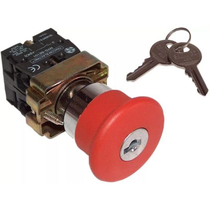   TRACON NYGBS9445PT Tokozott reteszelt gombafejű vészgomb, piros, kulcsos 1×NC+1×NO, 3A/400V AC, IP44, d=40mm