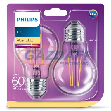 PHILIPS Consumer 929001387371 LED Classic izzó 6-60W A60 E27 827 CL ND 2 pack