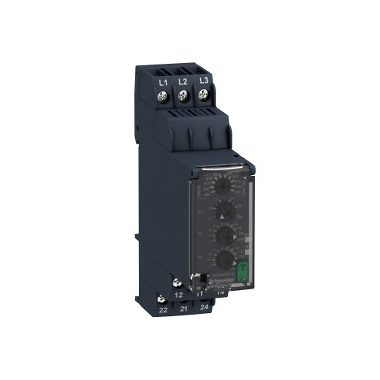 SCHNEIDER RM22TR33 Zelio Control háromfázisú fázis- és feszültségfigyelő relé, be- és kikapcsolás késleltetővel, 2CO, 8A, 380…480 VAC