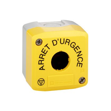   SCHNEIDER XALK01HFR Harmony XALK tokozat vészleállítóhoz, sárga, üres, 1 kivágás, "ARRET D'URGENCE" felirat és logo