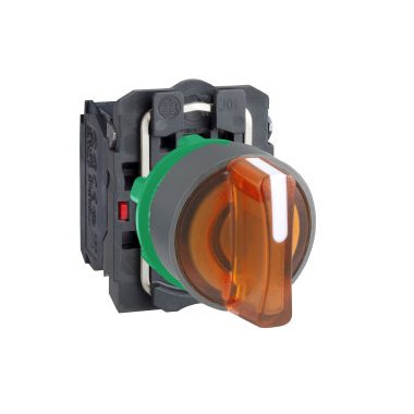 SCHNEIDER XB5AK135G5C0 Harmony komplett műanyag LED világító választókapcsoló, Ø22, 3 állású, 120  VAC, 1NO+1NC, narancs, szürke körgyűrű
