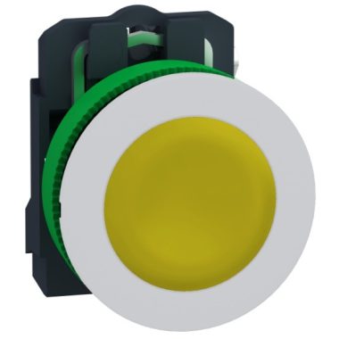 SCHNEIDER XB5FA51C1 Complete plastic pushbutton recessed in Harmony panel, Ø30, return, 1NO, yellow, white ring