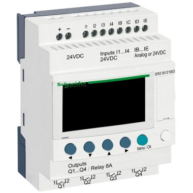 SCHNEIDER SR2B121BD LCD kijelzős, 12 I/O, 4 analóg bemenet, relés, óra, 24VDC