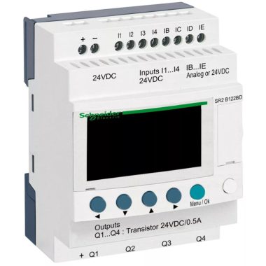 SCHNEIDER SR2B122BD LCD kijelzős, 12 I/O, 4 analóg bemenet, tranzisztoros, óra, 24VDC