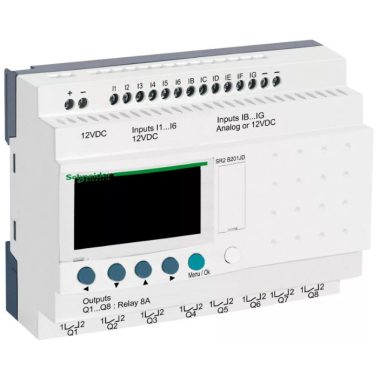 SCHNEIDER SR2B201JD LCD kijelzős, 20 I/O, 8 analóg bemenet, relés, óra, 12VDC