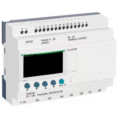 SCHNEIDER SR2B202BD LCD kijelzős, 20 I/O, 8 analóg bemenet, tranzisztoros, óra, 24VDC