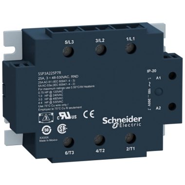 SCHNEIDER SSP3A225BDRT SSP szilárdtestrelé, panelre szerelhető, 3f, pillanat kapcs, 3NO, 48…530 VAC, 25A, 24VDC