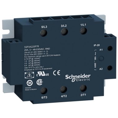 SCHNEIDER SSP3A225F7T SSP szilárdtestrelé, panelre szerelhető, 3f, nullfeszültségű kapcsolás, 3NO, 48-530VAC, 25A, 110VAC, hőátadóval