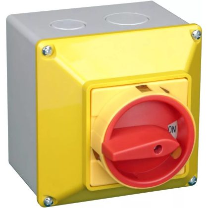   TRACON TKFL-20TS Tokozott főkapcsoló, lakatolható, sárga fedéllel, BE-KI 400V, 50Hz, 20A, 4P, 5,5kW, 48×48mm, IP44