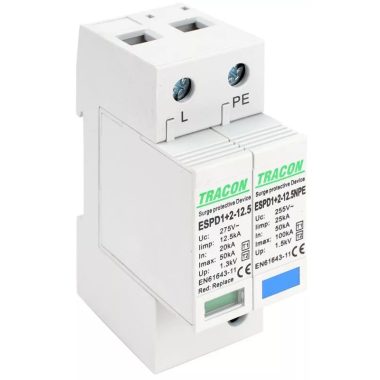 TRACON ESPD1+2-12.5-1+1P, T1+T2 AC típusú túlfeszültség levezető, cserélhető betéttel Uc:275V; Iimp:12,5kA; In:20/40kA; Imax:50kA; Up:1,3kV; 1+1P