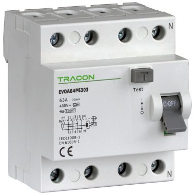 TRACON EVOAG4P6303 Áram-védőkapcsoló, 4 pólusú 63A, 30mA, 10kA, A