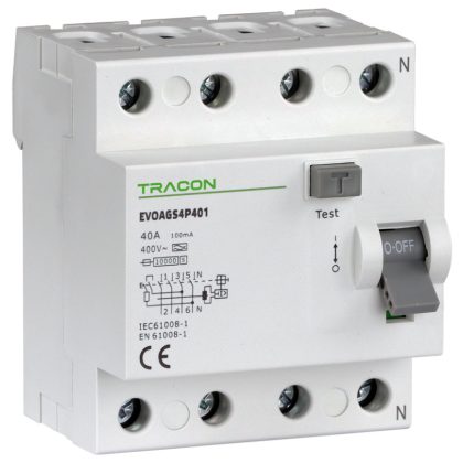   TRACON EVOAGS4P401 Áram-védőkapcsoló, 4 pólusú 40A, 100mA, 10kA, A/S