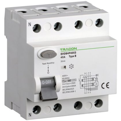   TRACON EVOB4P6303 Áram-védőkapcsoló, 4 pólusú 63A, 30mA, 10kA, B