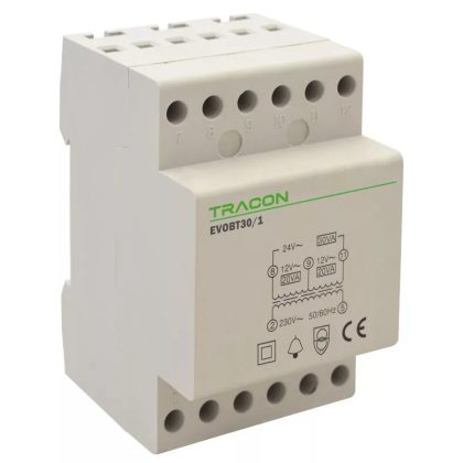   TRACON EVOBT30/1 Biztonsági (csengő) transzformátor 230V/12-12-24V AC, Psmax.:30VA, Is:1,55A