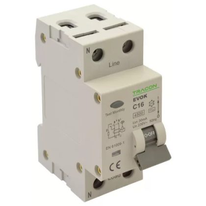   TRACON EVOK2B2003 Disjunctor cu protectie diferentiala  2P, 2modul, caracteristic B 20A, 30 mA, 4.5kA, AC