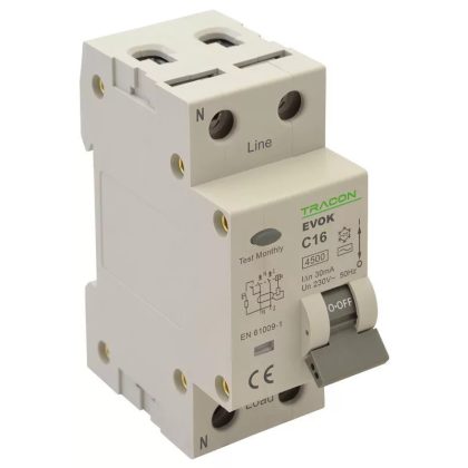   TRACON EVOK2C2503 ,Disjunctor cu protectie diferentiala  2P, 2modul, caracteristică C 25A, 30 mA, 4.5kA, AC