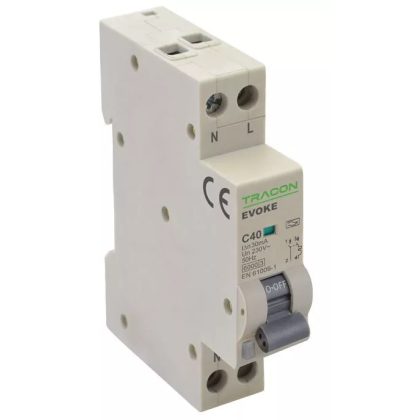   TRACON EVOKEB1303 ,Disjunctor cu protectie diferentiala  electronic, 2P, 1 modul, manetă B. B13, 30mA, 6kA, AC,