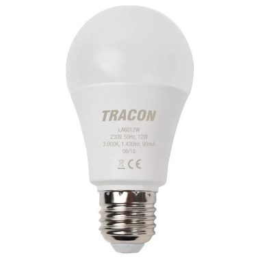 TRACON LA6012W Gömb burájú LED fényforrás230 V, 50 Hz, 12 W, 2700 K, E27, 1430 lm, 250°, A60, EEI=A+