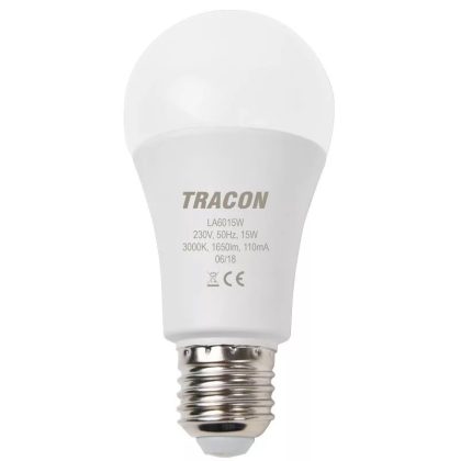   TRACON LA6015NW Gömb burájú LED fényforrás230 V, 50 Hz, 15 W, 4000 K, E27, 1650 lm, 250°, A60, EEI=A+