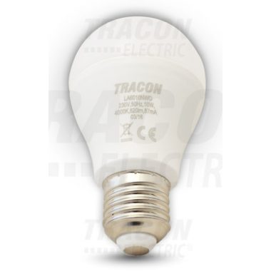 TRACON LAD6010W Fényerő-szabályozható gömb burájú LED fényforrás230 V, 50 Hz, 10 W, 2700 K, E27, 800 lm, 250°, A60, EEI=A+