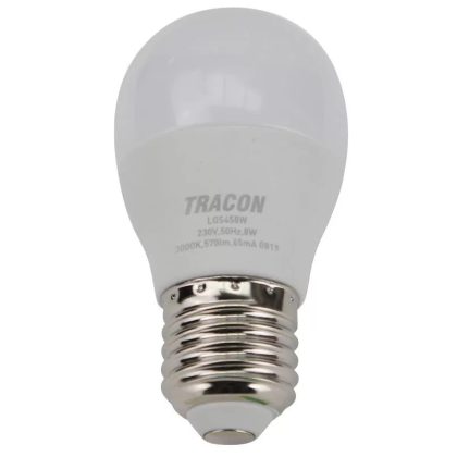   TRACON LGS458W Gömb burájú LED fényforrás SAMSUNG chippel 230V,50Hz,8W,3000K,E27,570lm,180°,G45,SAMSUNG chip,EEI=A+
