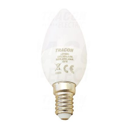   TRACON LGY8NW Gyertya burájú LED fényforrás, tejüveg 230V, 50Hz, 8W, 4000K, E14, 570lm, 250°
