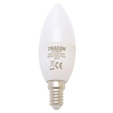 TRACON LGY8W Gyertya burájú LED fényforrás, tejüveg 230V, 50 Hz, 8W, 2700K, E14, 570lm, 250°