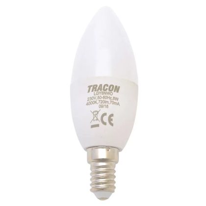   TRACON LGY8W Gyertya burájú LED fényforrás, tejüveg 230V, 50 Hz, 8W, 2700K, E14, 570lm, 250°