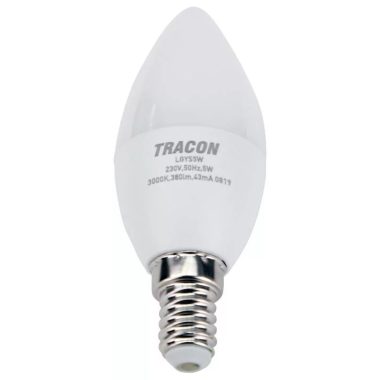 Bec Led lumanare TRACON LGYS5W  cu cip SAMSUNG 230V, 50Hz, 5W, 3000K, E14,380lm, 180 °, C37, cip SAMSUNG, EEI = A +