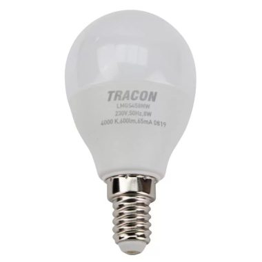 TRACON LMGS458NW Gömb burájú LED fényforrás SAMSUNG chippel 230V,50Hz,8W,4000 K,E14,600lm,180°,G45,SAMSUNG chip,EEI=A+