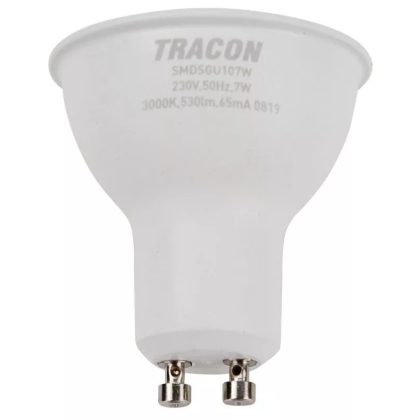   TRACON SMDSGU107W Műanyag házas SMD LED spot fényforrás SAMSUNG chippel 230V,50Hz,GU10,7W,530lm,3000K,120°,SAMSUNG chip,EEI=A+