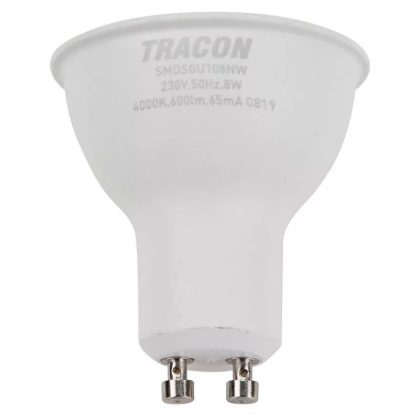   TRACON SMDSGU108NW Bec Led spot cu carcasă de plastic LED SMD LED cu cip SAMSUNG 230V, 50Hz, GU10.8W, 600lm, 4000K, 120 °, cip SAMSUNG, EEI = A +