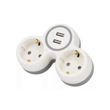 TRACON TND2-USB Többférőhelyes átalakító csatlakozó, 2X USB, szürke + fehér 2×SCHUKO, max.16A, 230VAC, 3680W, PP, USB: 5V, 2,1 A